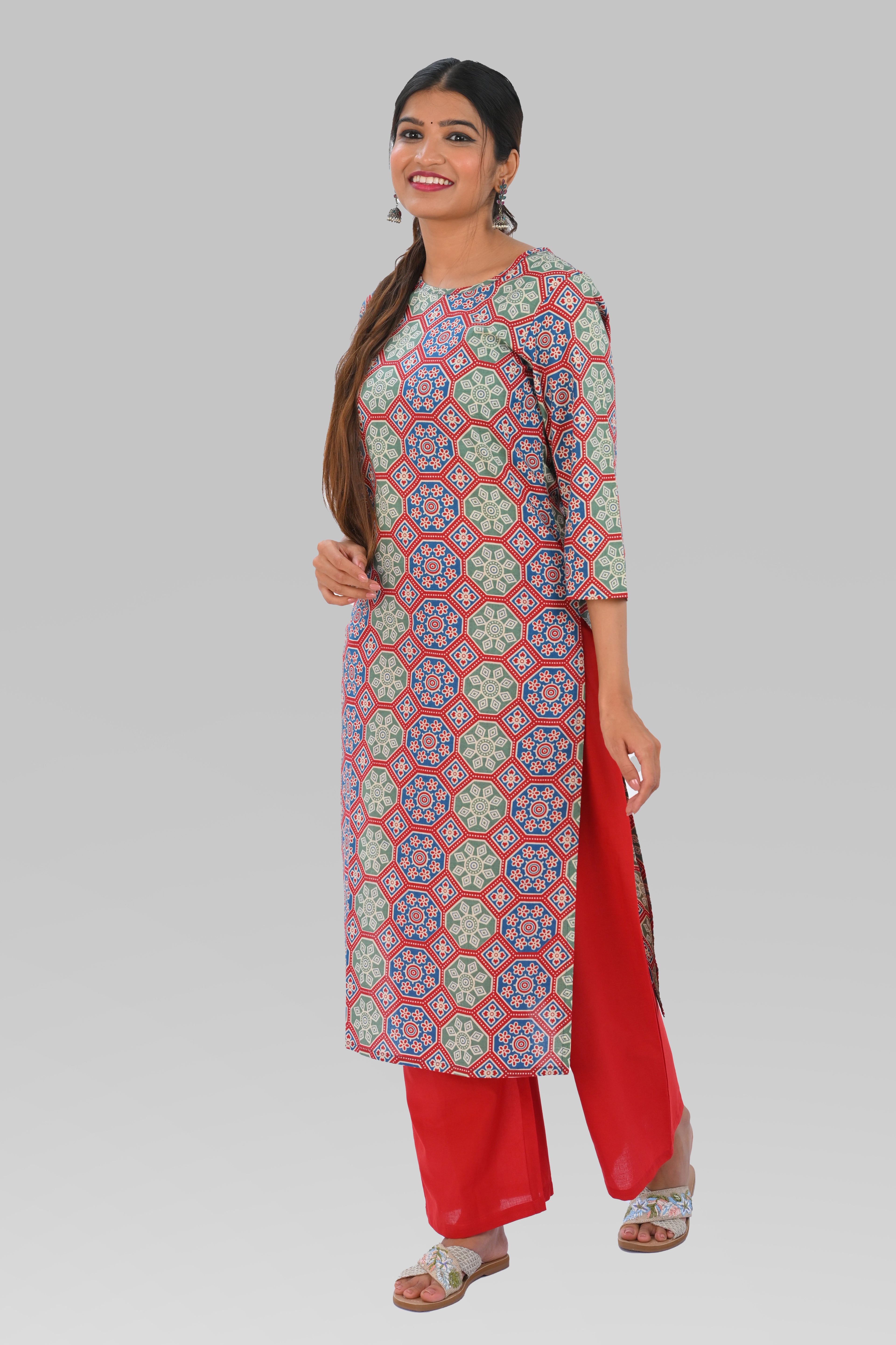Ruby Red Cotton Printed Kurta Set