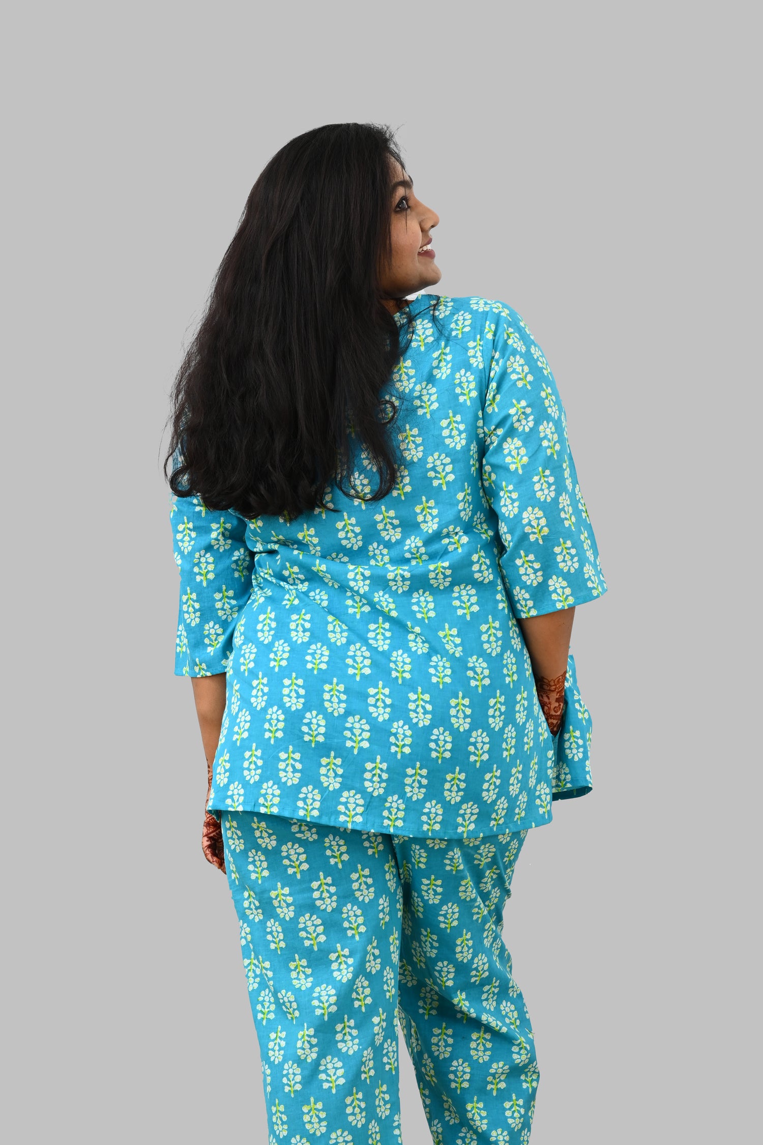 Sea Blue Plus Size Cotton Printed Pyjama Set