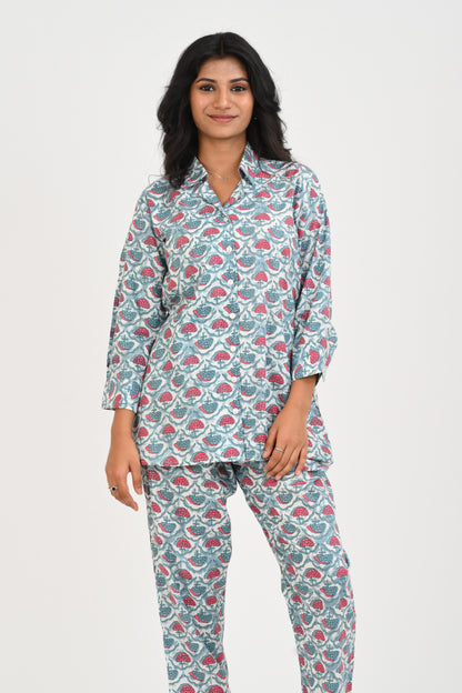 Sky Blue Cotton Printed Pyjama Set Cuban Collar