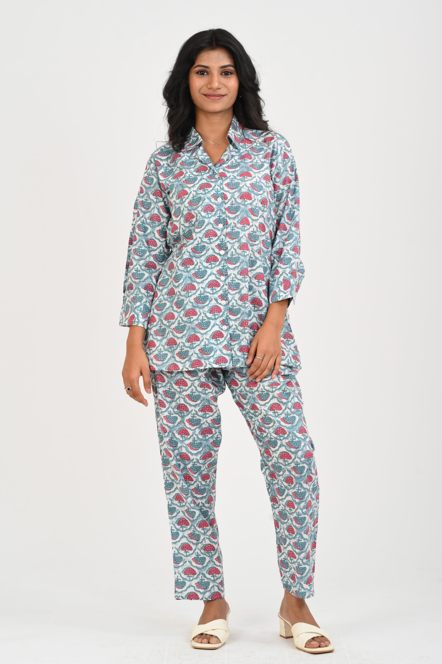 Sky Blue Cotton Printed Pyjama Set Cuban Collar