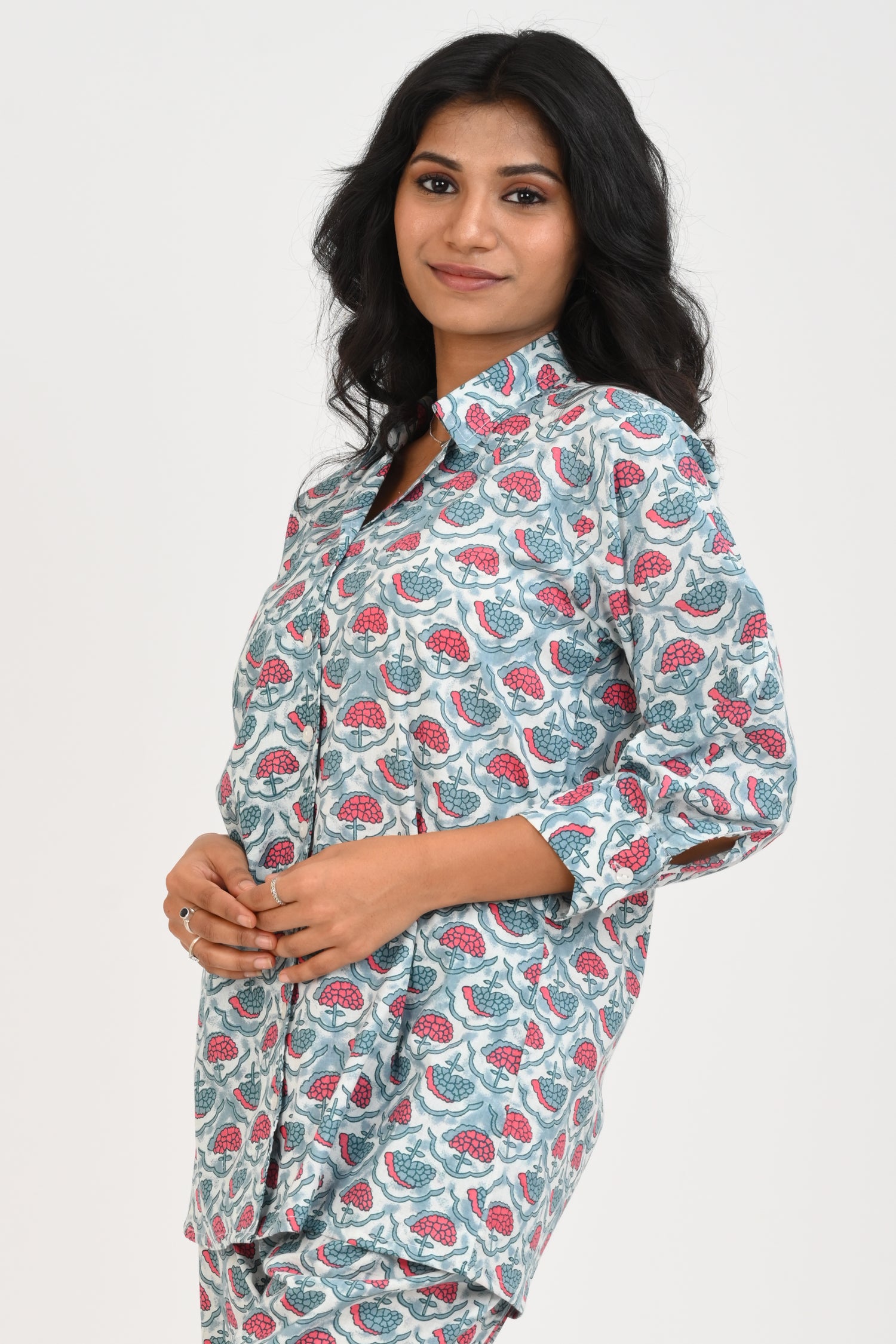 Sky Blue Cotton Printed Pyjama Set Cuban Collar