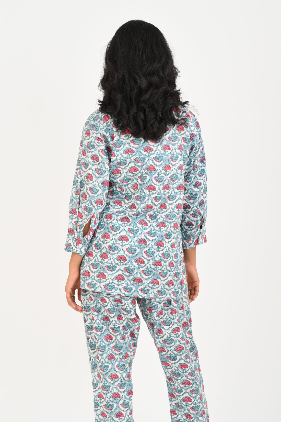 Sky Blue Cotton Printed Pyjama Set Cuban Collar