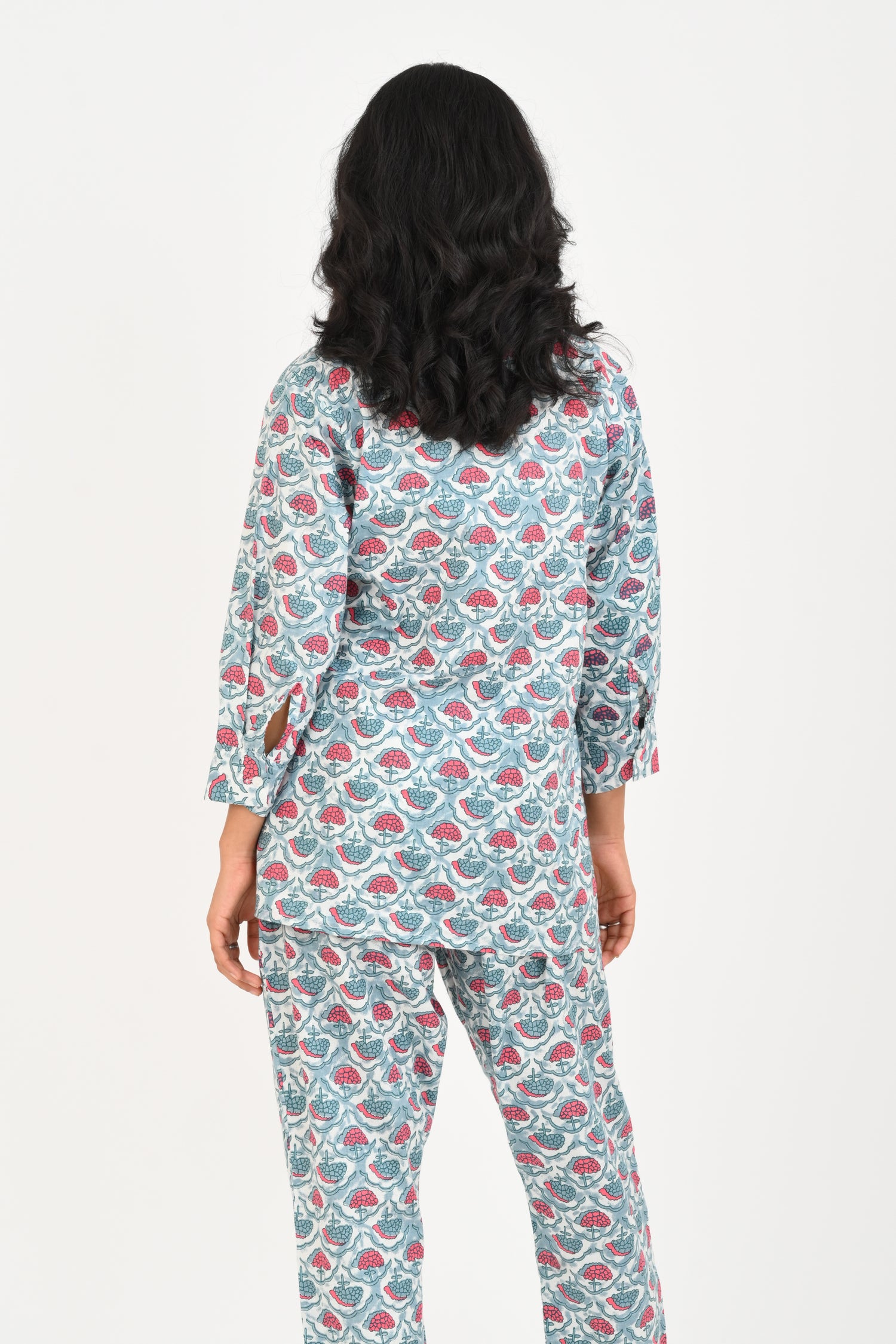 Sky Blue Cotton Printed Pyjama Set Cuban Collar