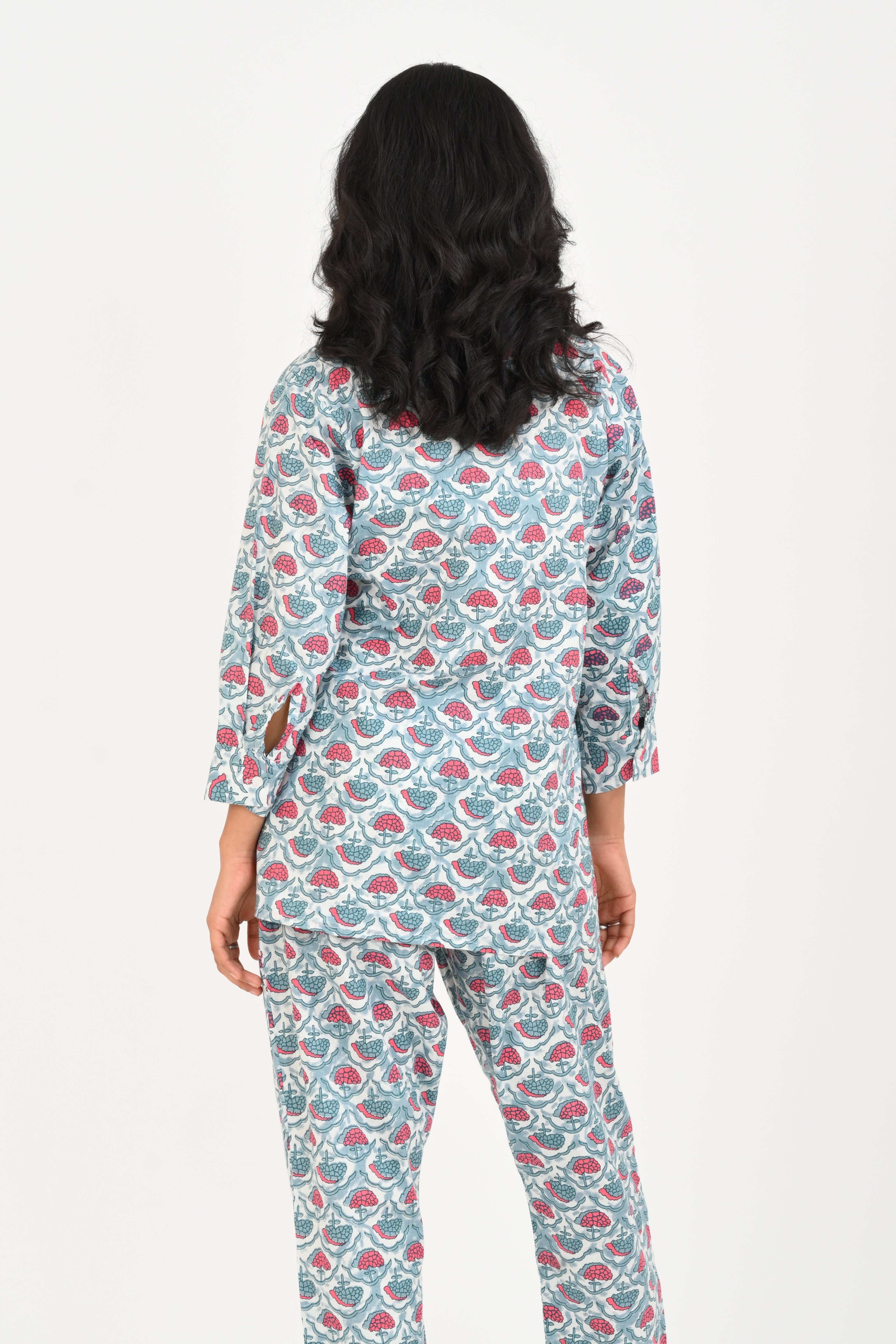 Sky Blue Cotton Printed Pyjama Set Cuban Collar