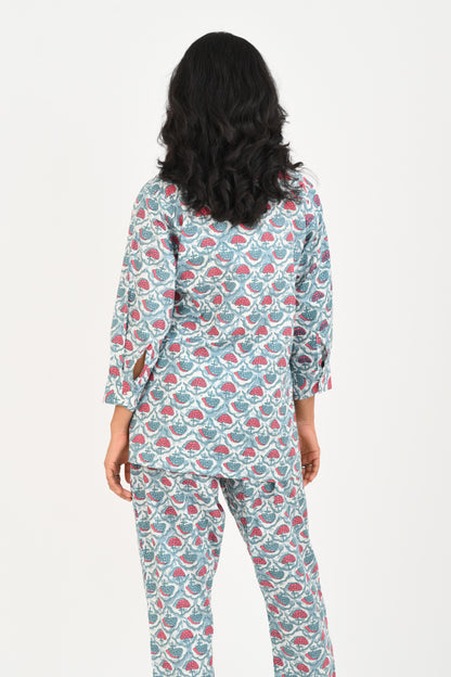 Sky Blue Cotton Printed Pyjama Set Cuban Collar