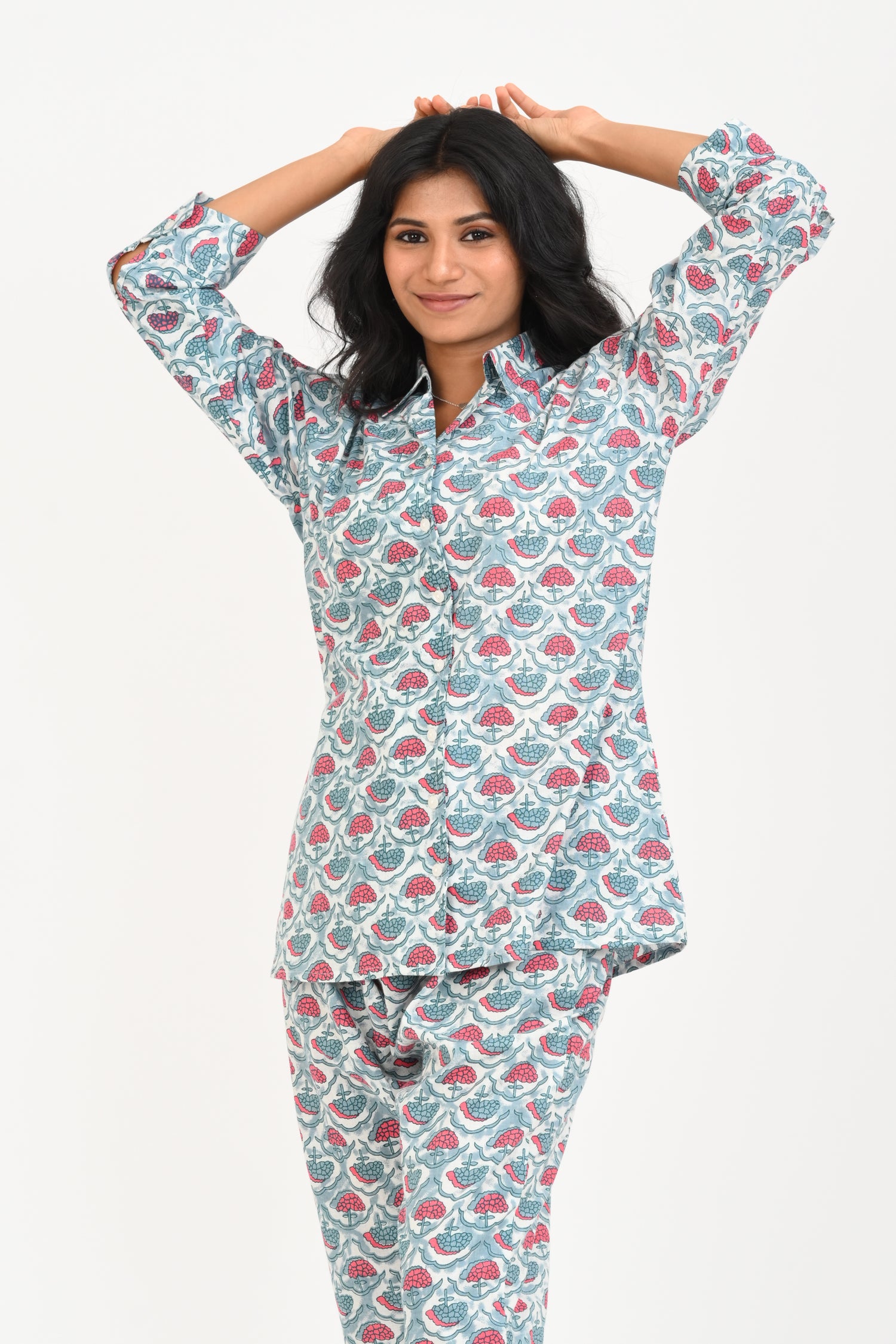 Sky Blue Cotton Printed Pyjama Set Cuban Collar