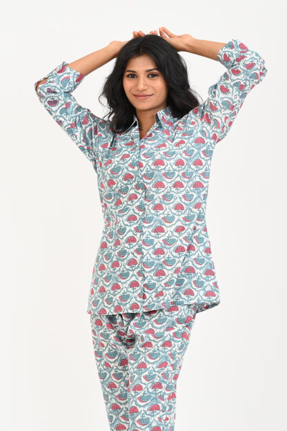 Sky Blue Cotton Printed Pyjama Set Cuban Collar
