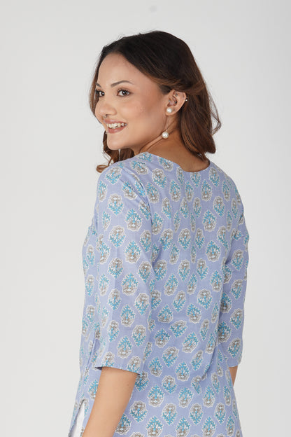 Echo Blue Cotton Printed Kurti