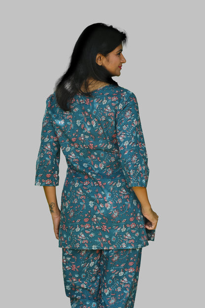 Navy Floral Cotton Printed Pyjama Set