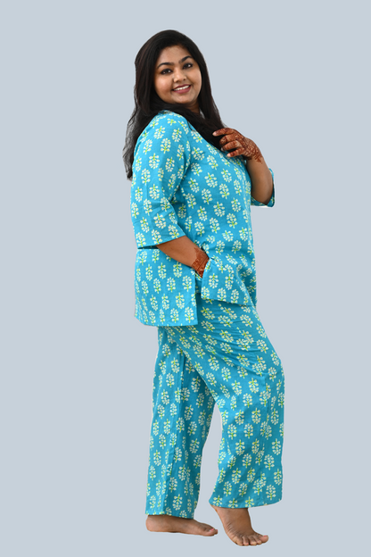 Sea Blue Plus Size Cotton Printed Pyjama Set