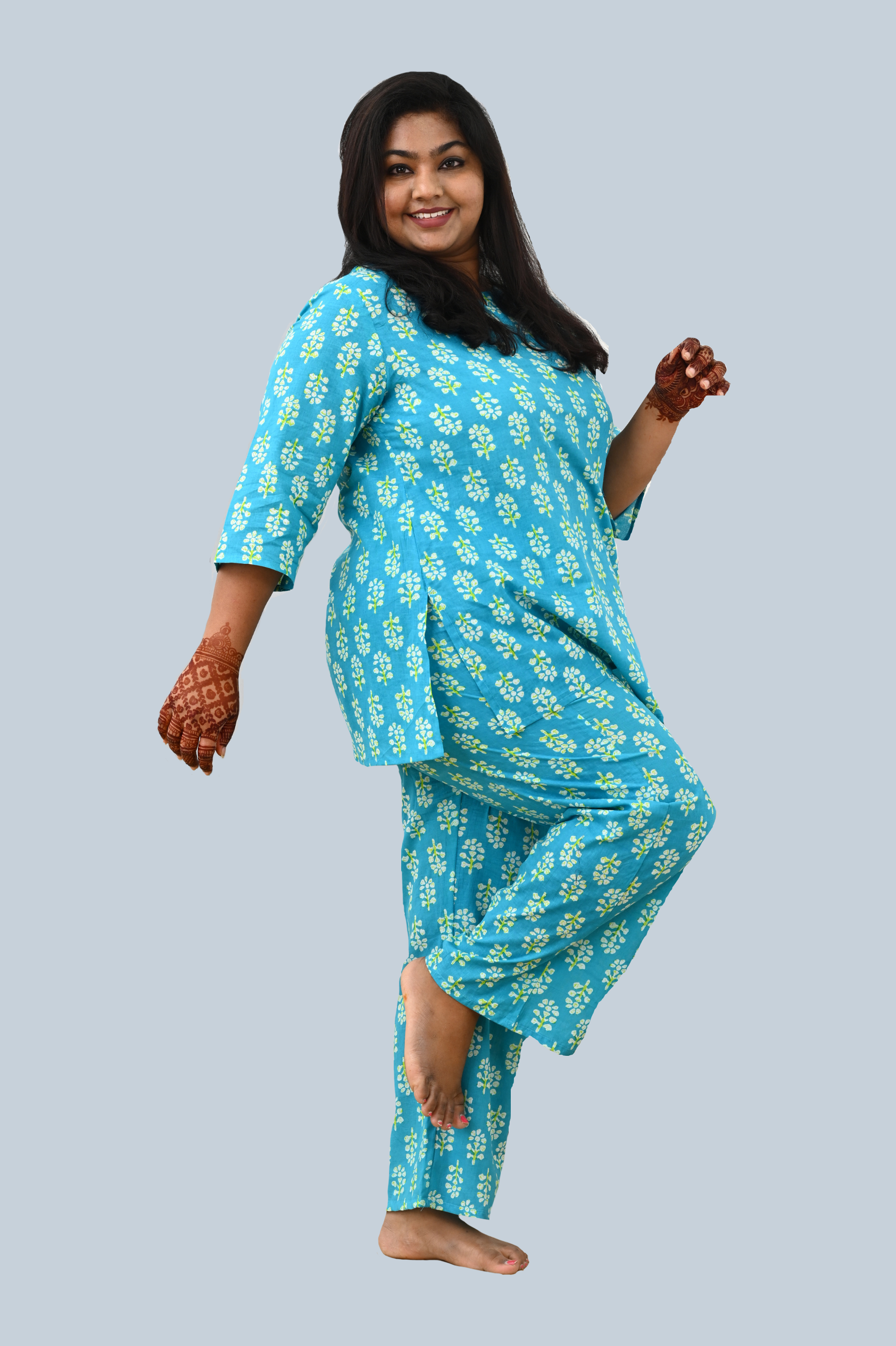 Sea Blue Plus Size Cotton Printed Pyjama Set
