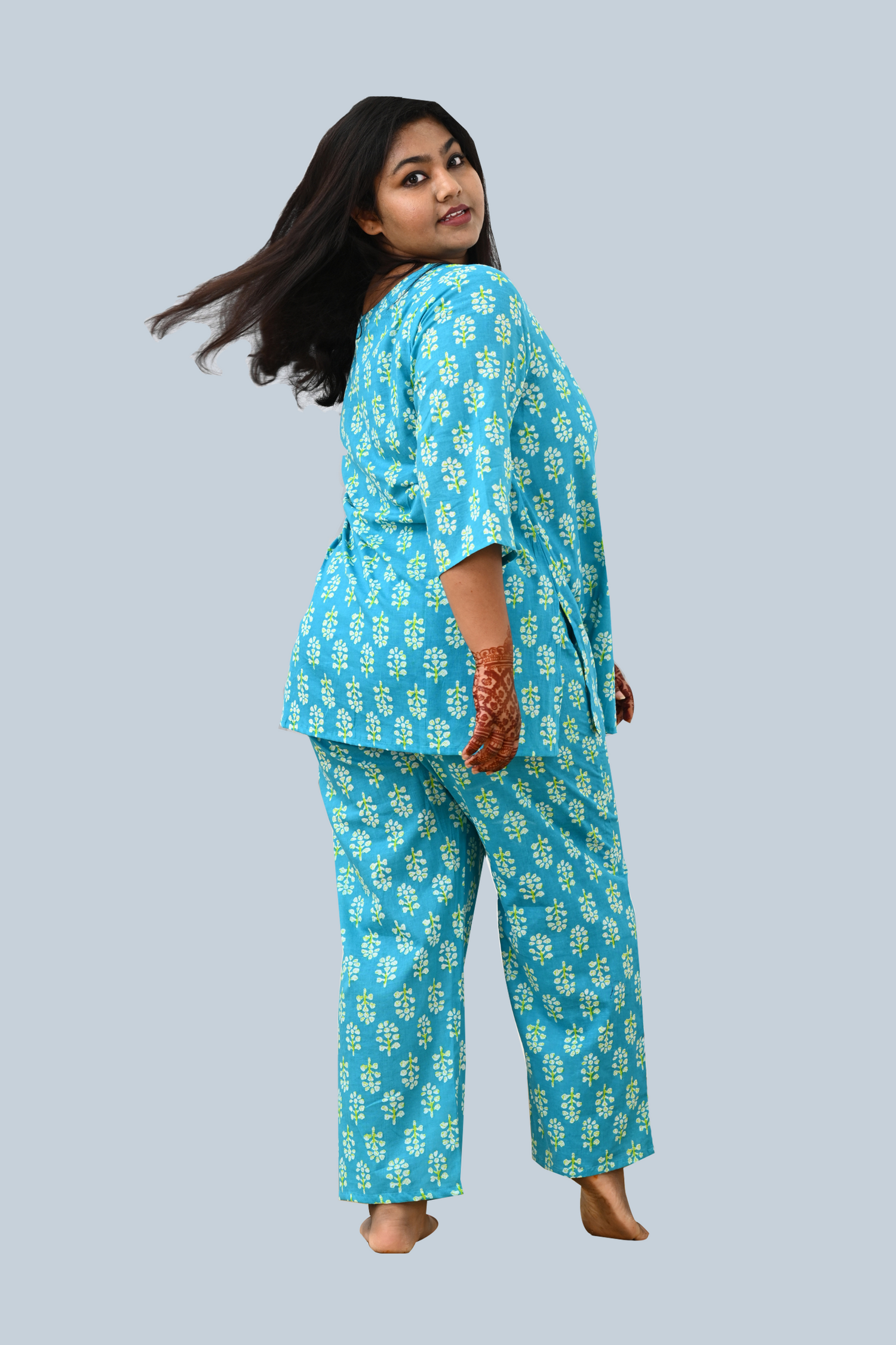 Sea Blue Plus Size Cotton Printed Pyjama Set