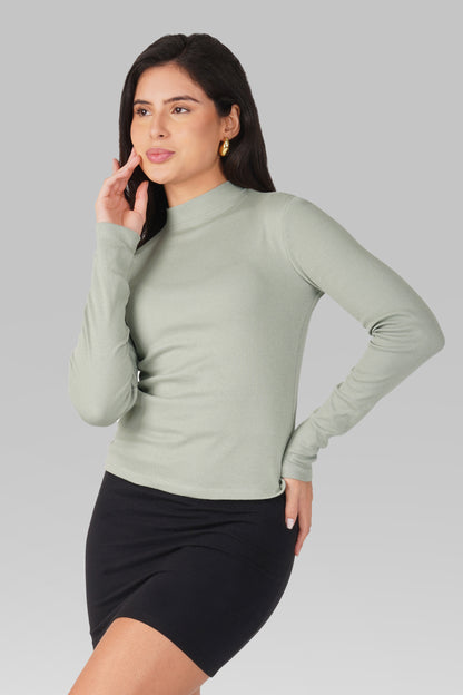 Sea Green Ribbed Mock Neck Long Sleeve Top
