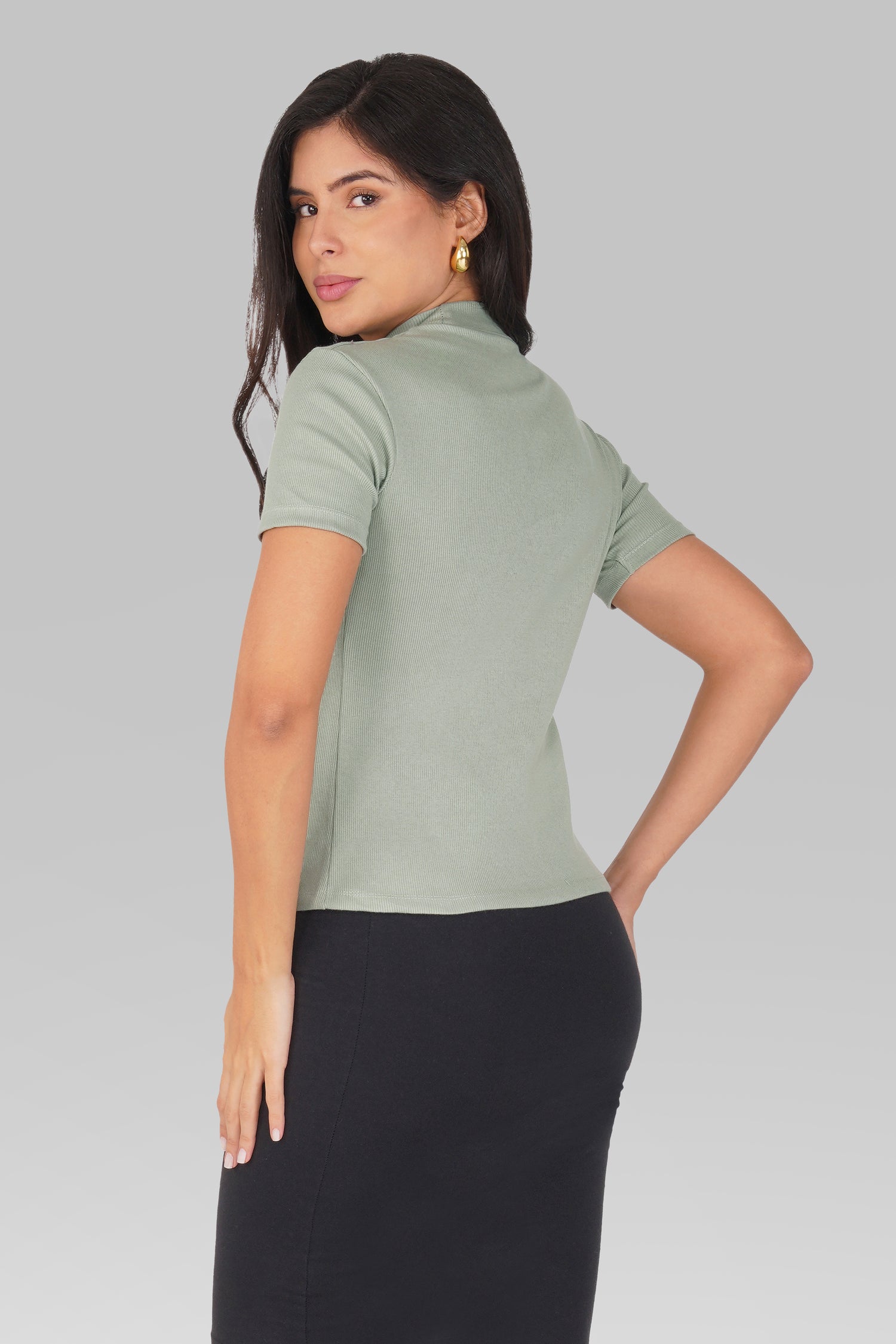 Sea Green Ribbed Mock Neck Short Sleeve Top