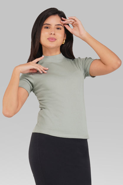 Sea Green Ribbed Mock Neck Short Sleeve Top