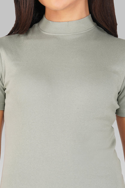 Sea Green Ribbed Mock Neck Short Sleeve Top