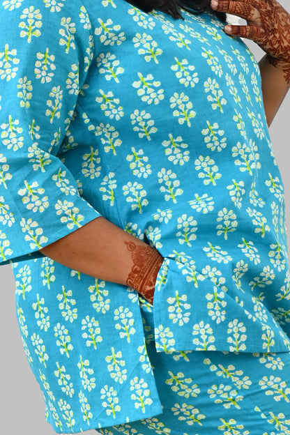 Sea Blue Plus Size Cotton Printed Pyjama Set
