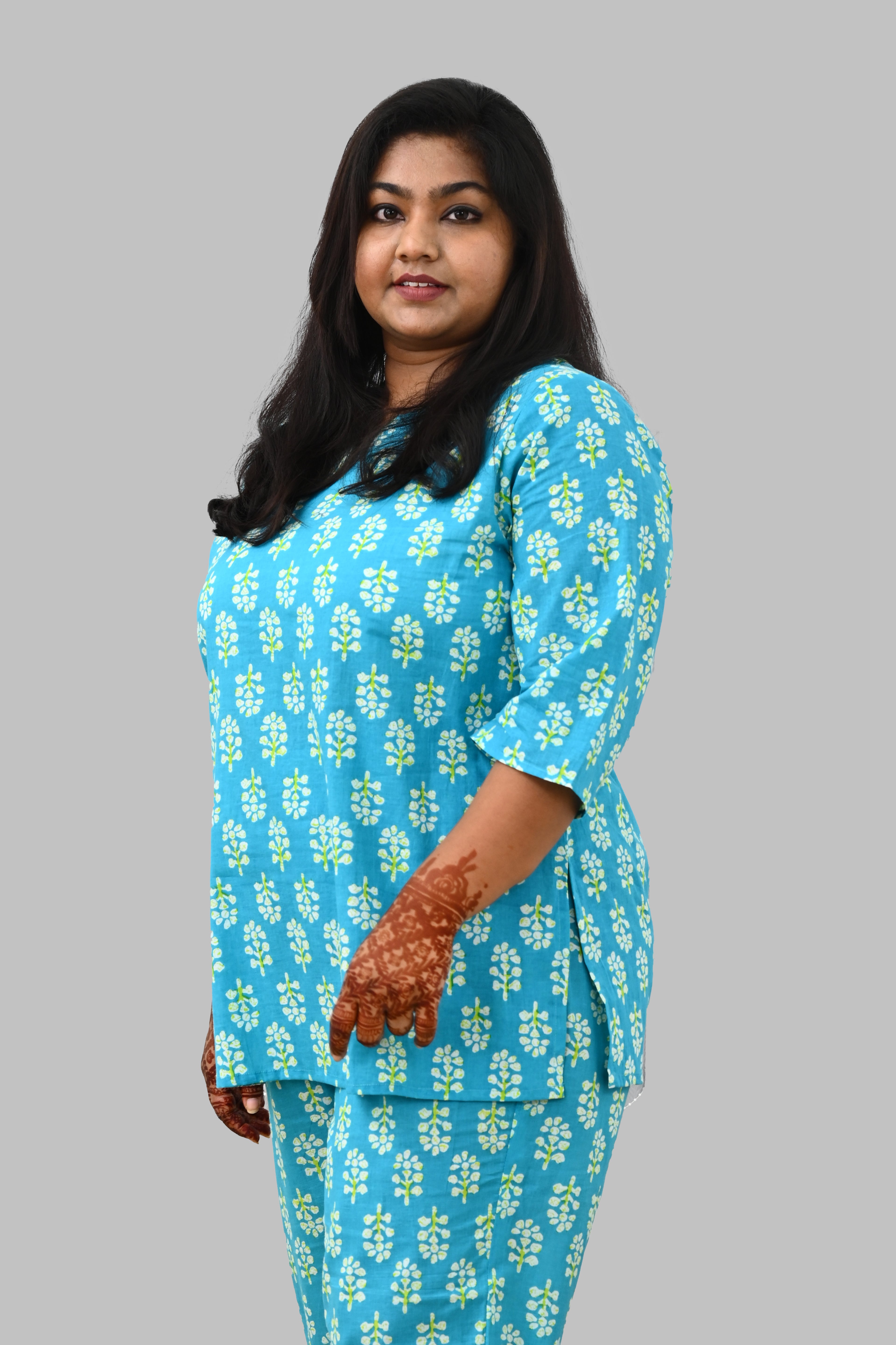 Sea Blue Plus Size Cotton Printed Pyjama Set