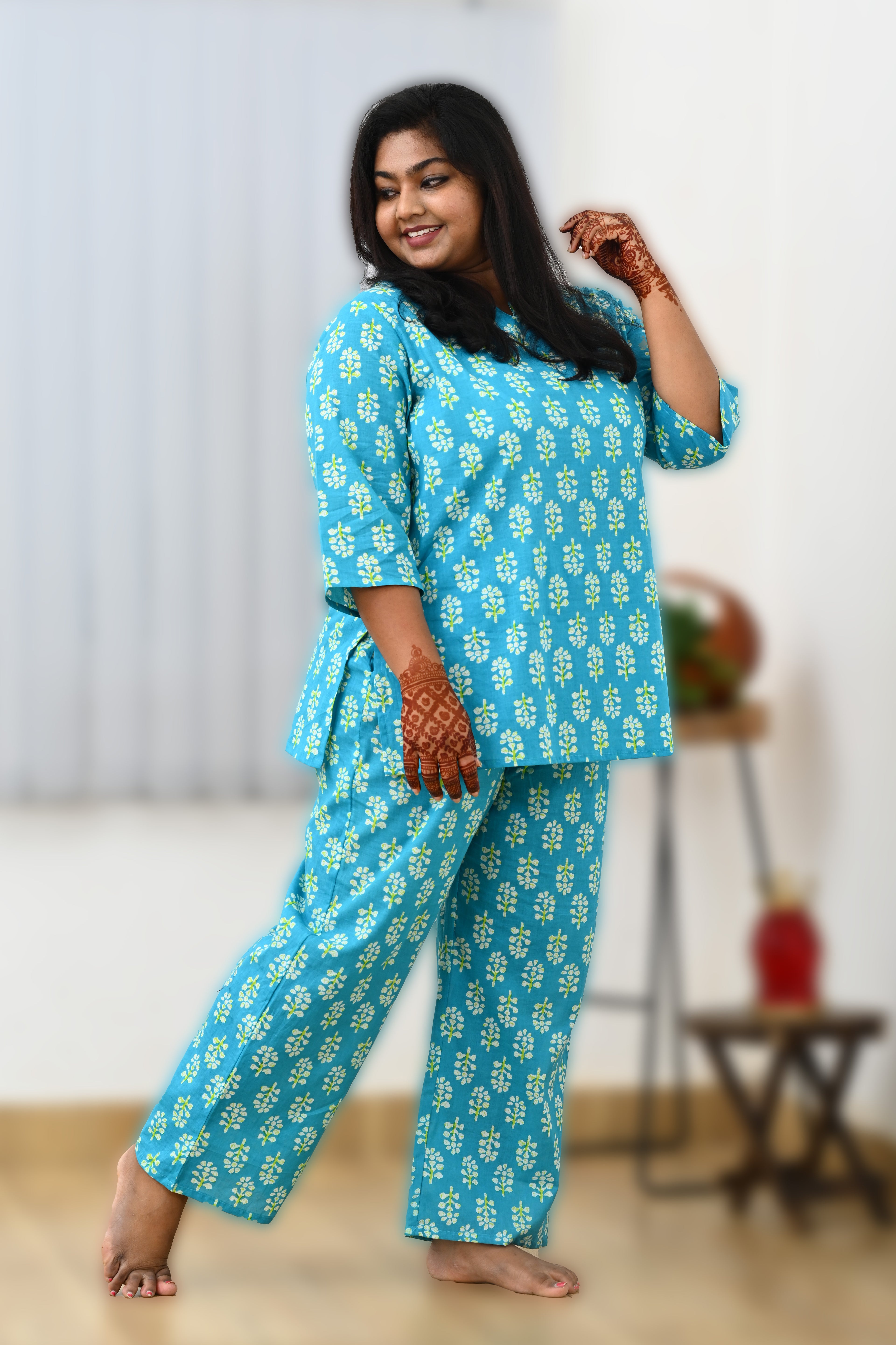 Sea Blue Plus Size Cotton Printed Pyjama Set