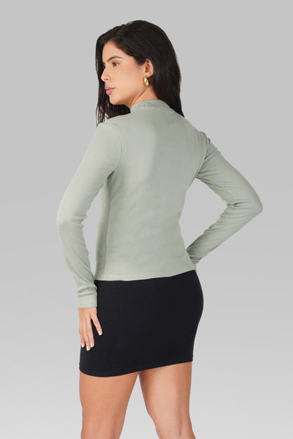 Sea Green Ribbed Mock Neck Long Sleeve Top