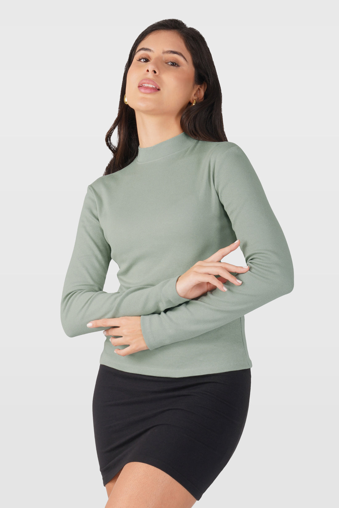 Sea Green Ribbed Mock Neck Long Sleeve Top