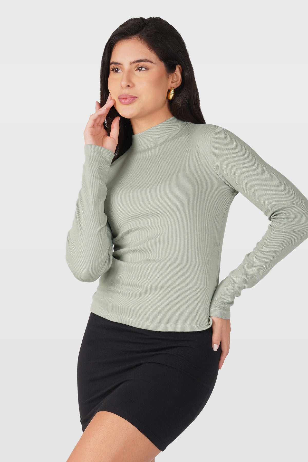 Sea Green Ribbed Mock Neck Long Sleeve Top