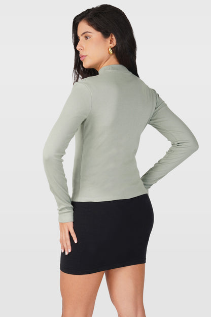 Sea Green Ribbed Mock Neck Long Sleeve Top