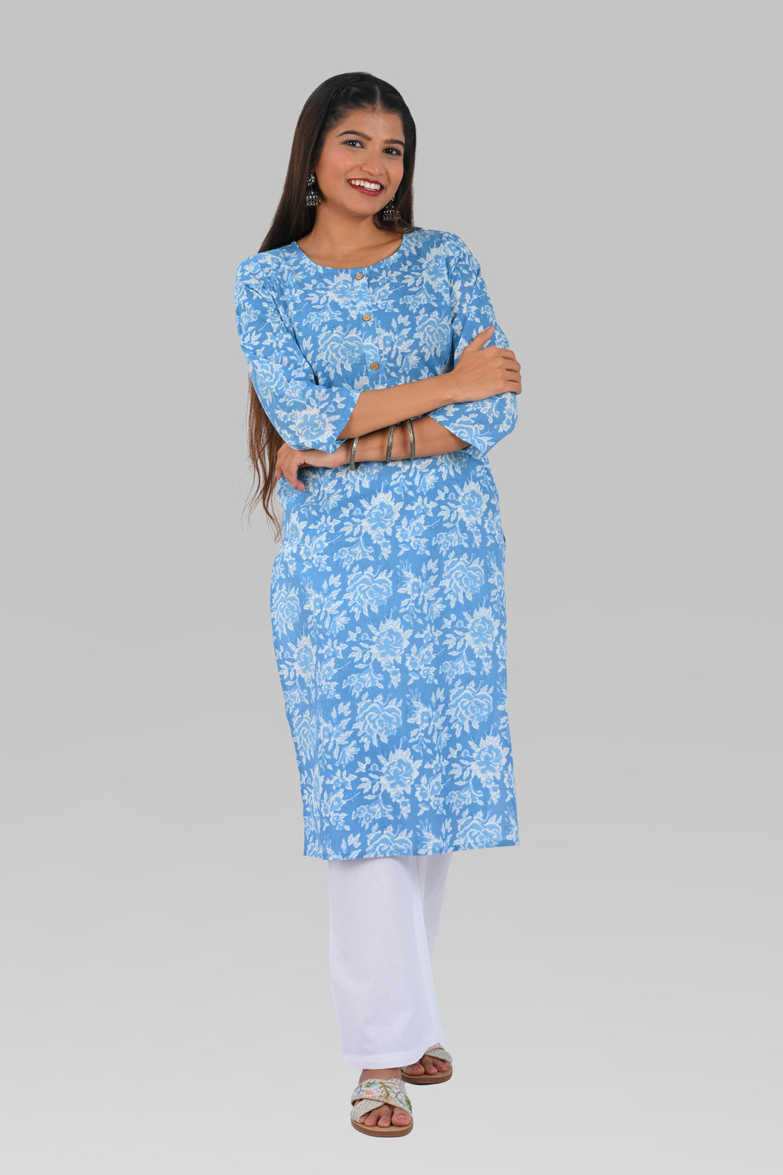 Sky Blue Cotton Printed Long Kurta