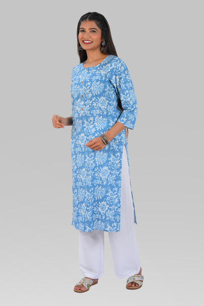 Sky Blue Cotton Printed Long Kurta