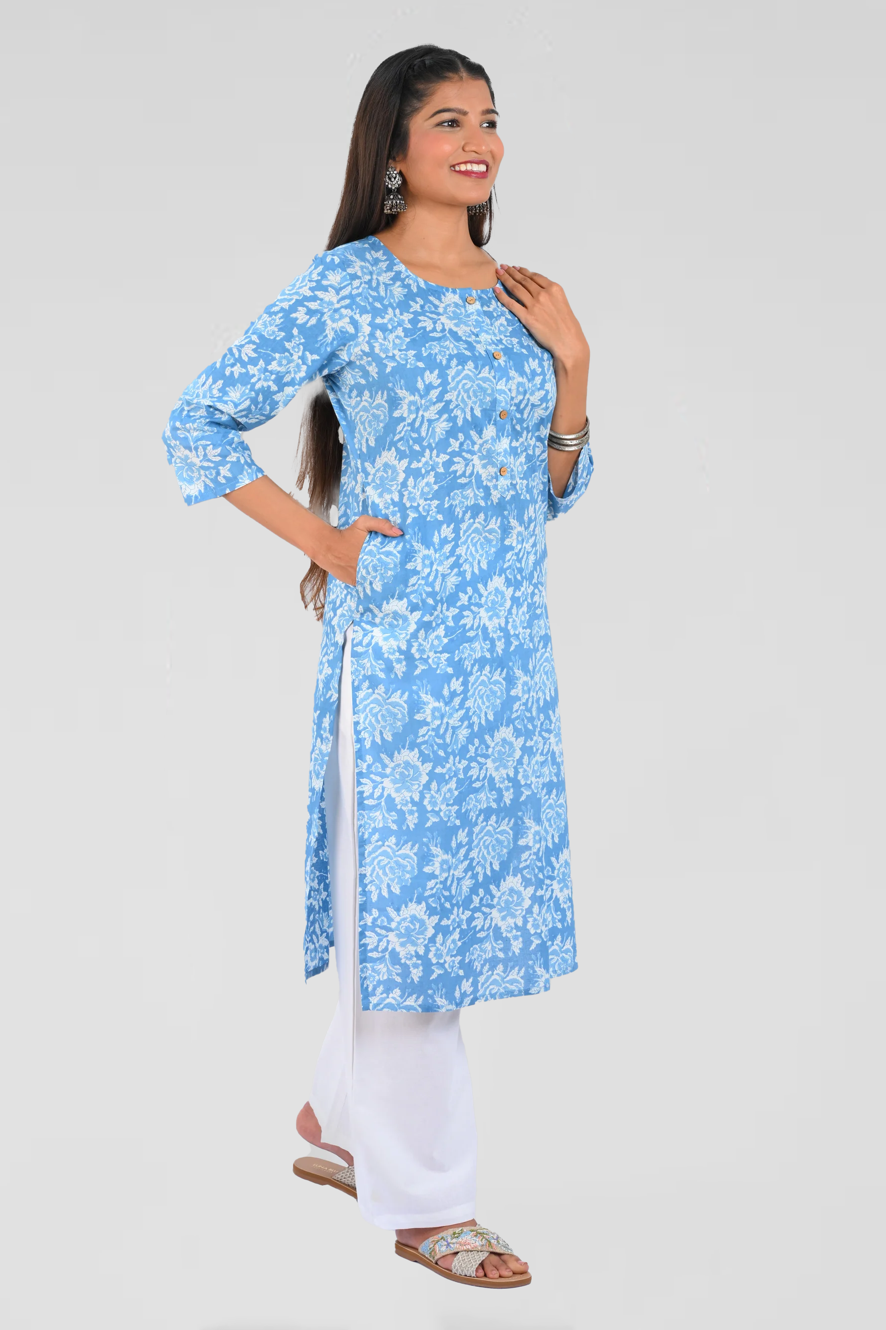 Sky Blue Cotton Printed Long Kurta