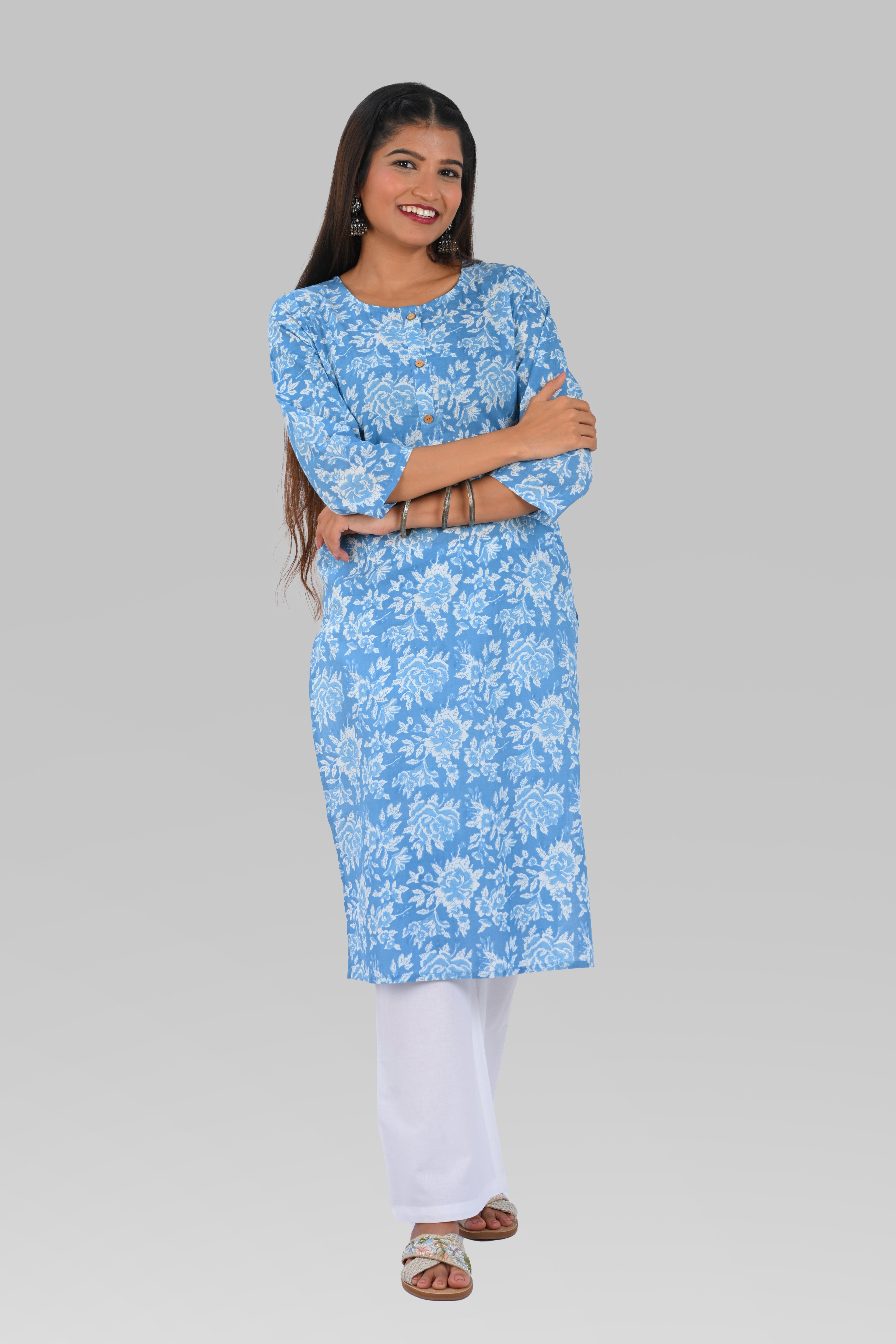 Sky Blue Cotton Printed Long Kurta