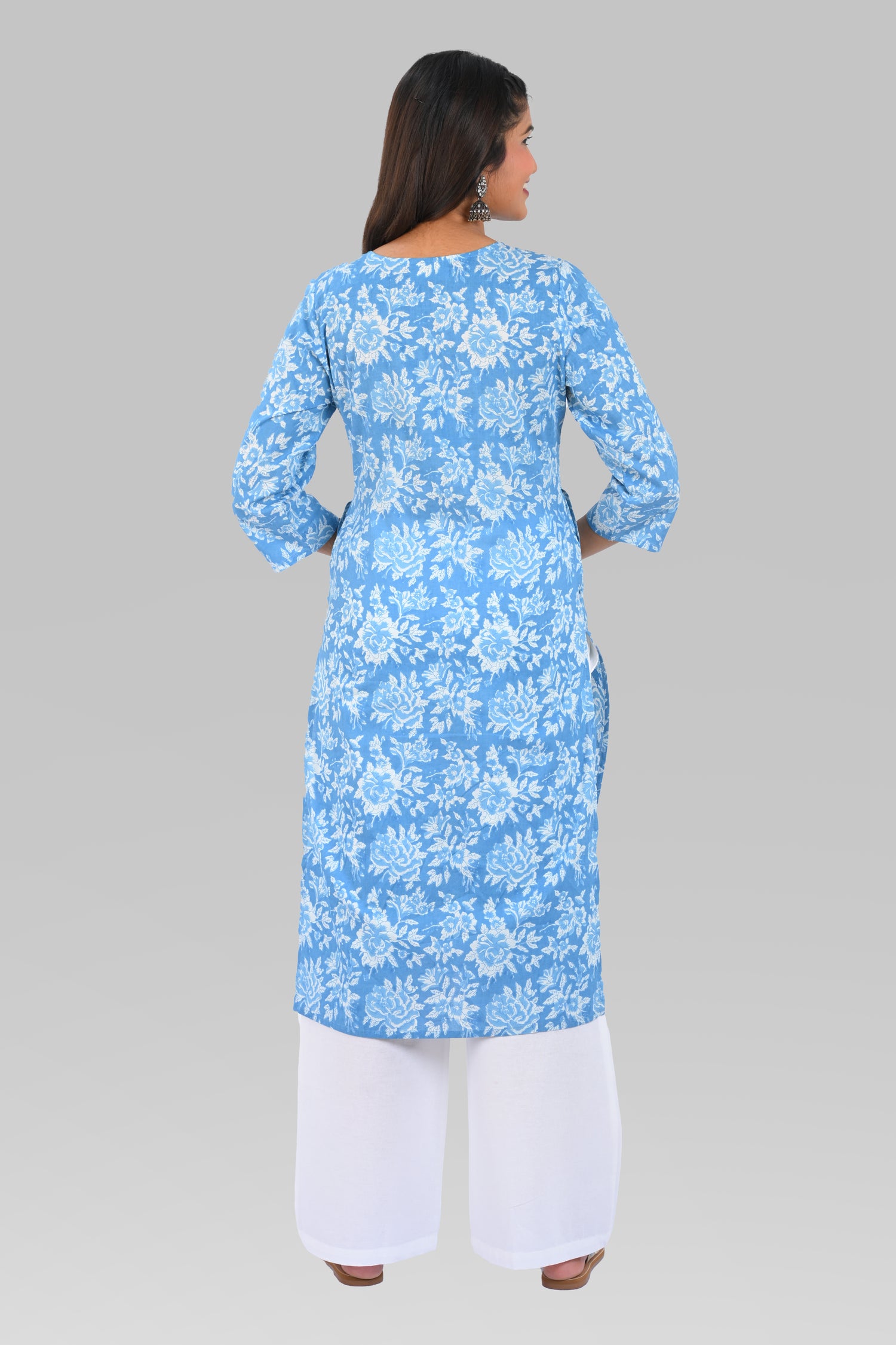 Sky Blue Cotton Printed Long Kurta