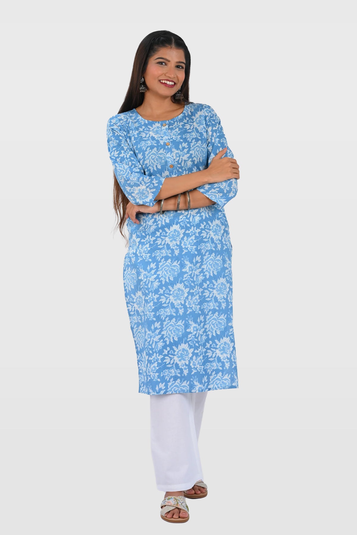 Sky Blue Cotton Printed Long Kurta