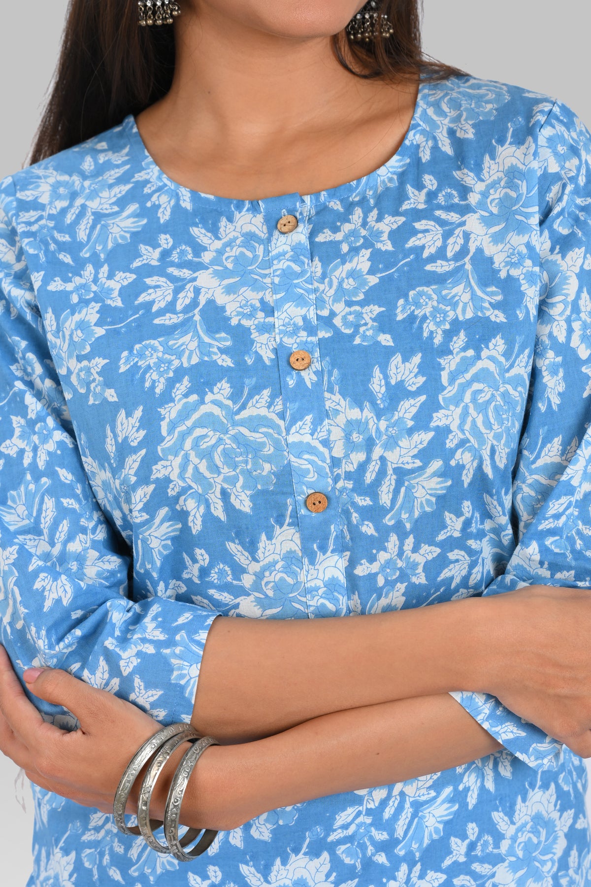 Sky Blue Cotton Printed Long Kurta