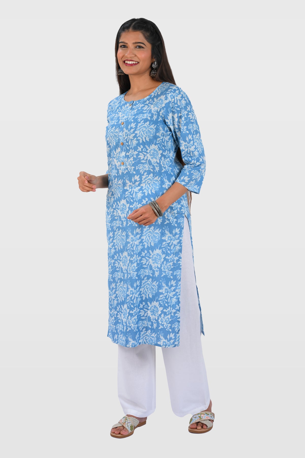 Sky Blue Cotton Printed Long Kurta