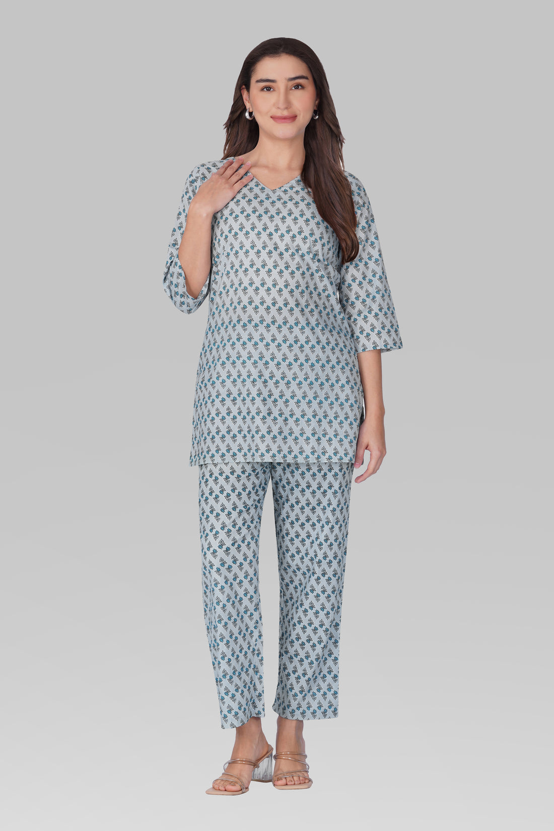 Sky Blue V Neck Cotton Printed Pyjama Set