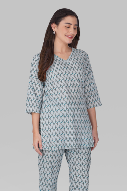 Sky Blue V Neck Cotton Printed Pyjama Set