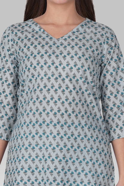 Sky Blue V Neck Cotton Printed Pyjama Set