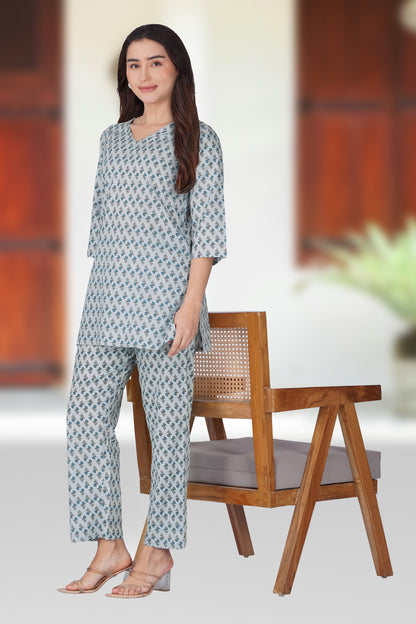 Sky Blue V Neck Cotton Printed Pyjama Set
