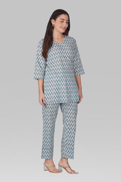 Sky Blue V Neck Cotton Printed Pyjama Set