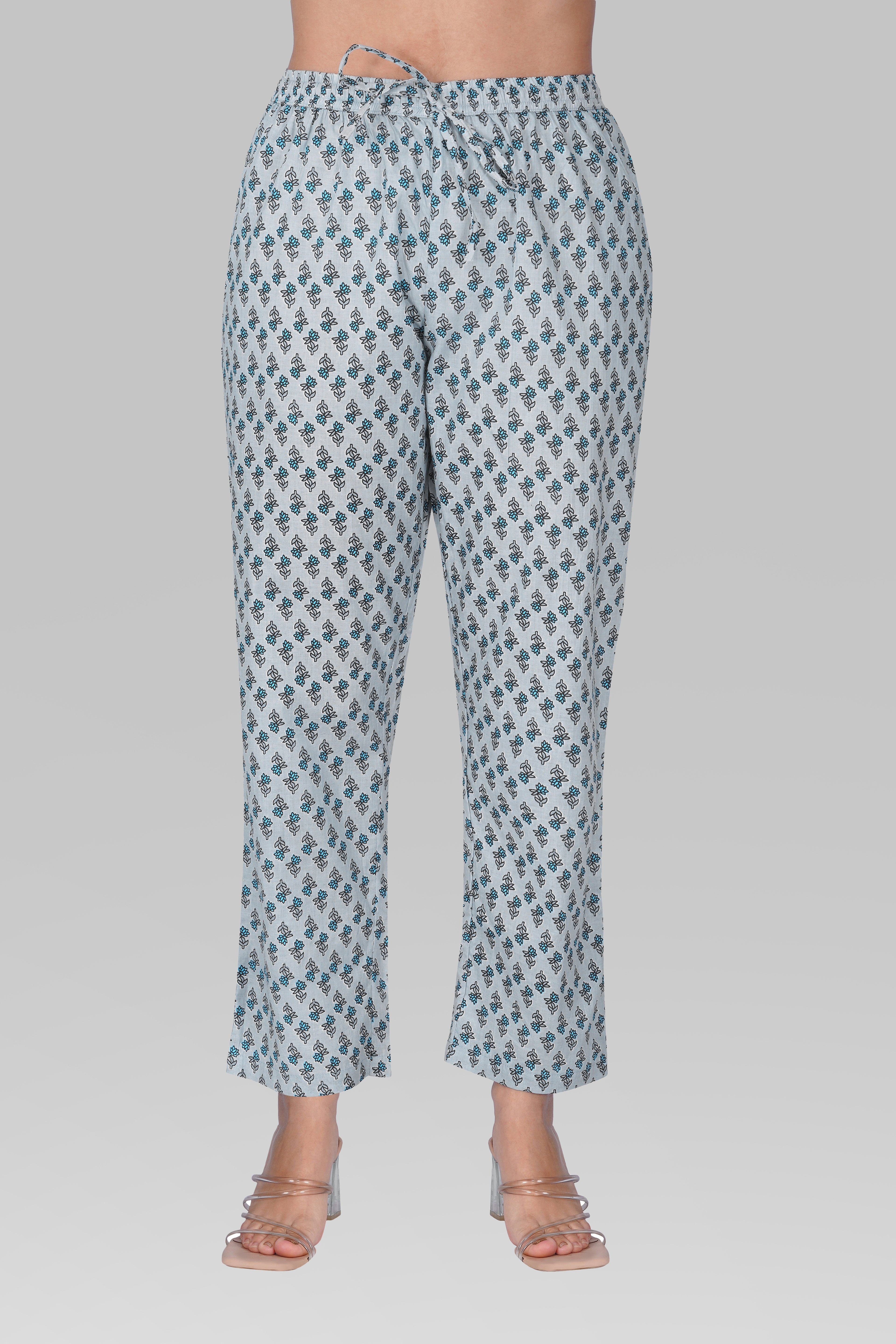 Sky Blue V Neck Cotton Printed Pyjama Set