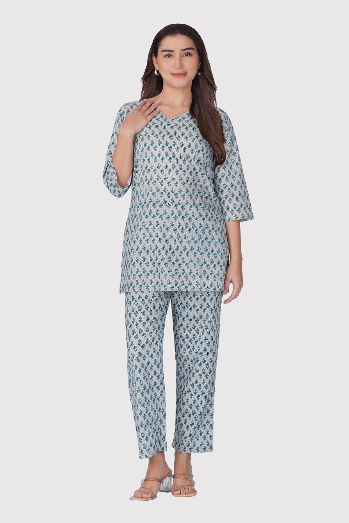 Sky Blue V Neck Cotton Printed Pyjama Set