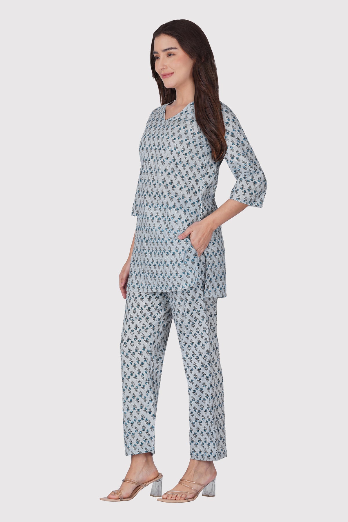 Sky Blue V Neck Cotton Printed Pyjama Set