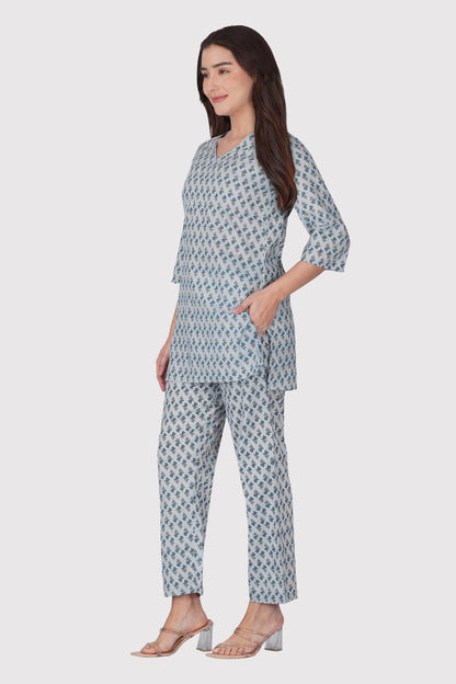 Sky Blue V Neck Cotton Printed Pyjama Set
