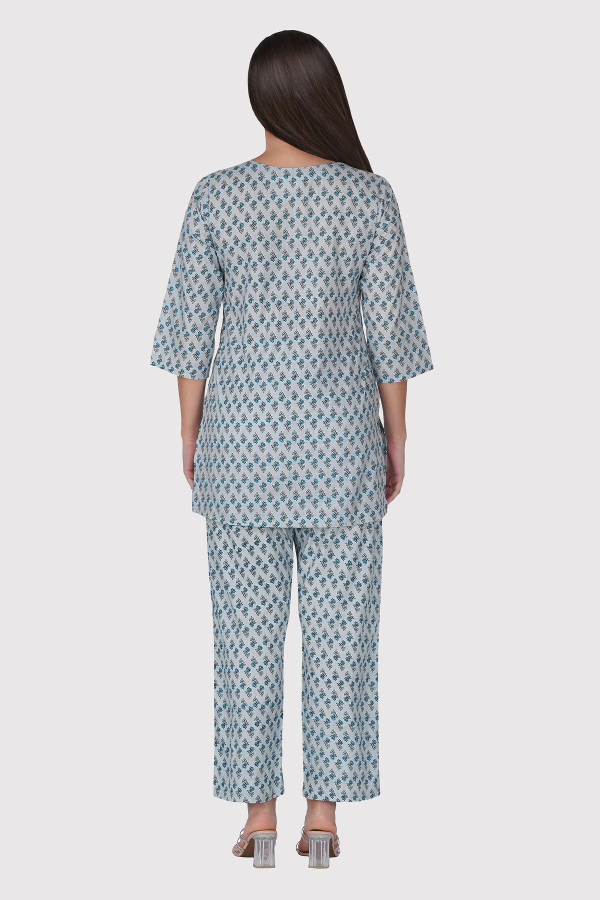 Sky Blue V Neck Cotton Printed Pyjama Set