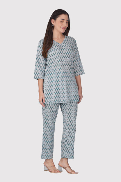 Sky Blue V Neck Cotton Printed Pyjama Set