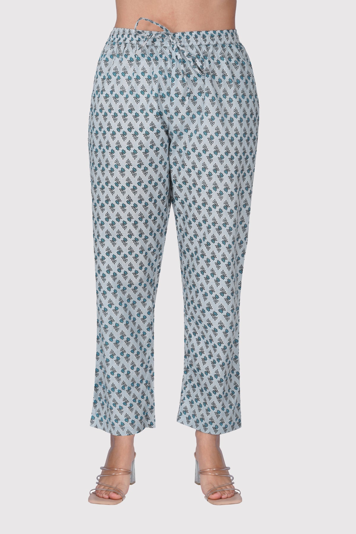 Sky Blue V Neck Cotton Printed Pyjama Set