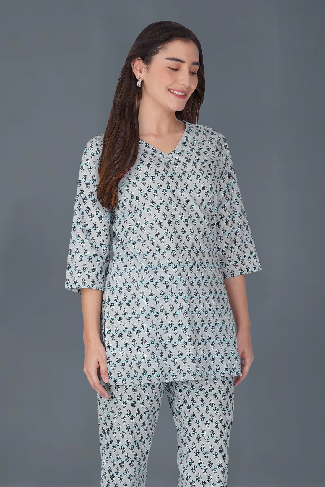 Sky Blue V Neck Cotton Printed Pyjama Set