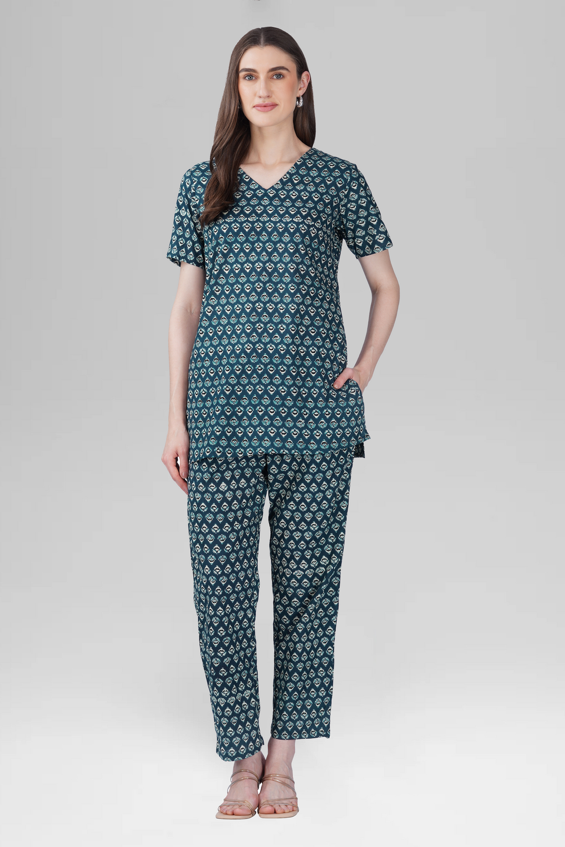 Slate Blue V Neck Cotton Printed Pyjama Set
