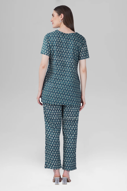 Slate Blue V Neck Cotton Printed Pyjama Set